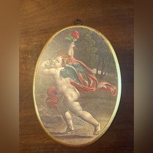 Cherub Angel w/ Rose Artigianato Toscano Baroque style Framed Artwork Italy